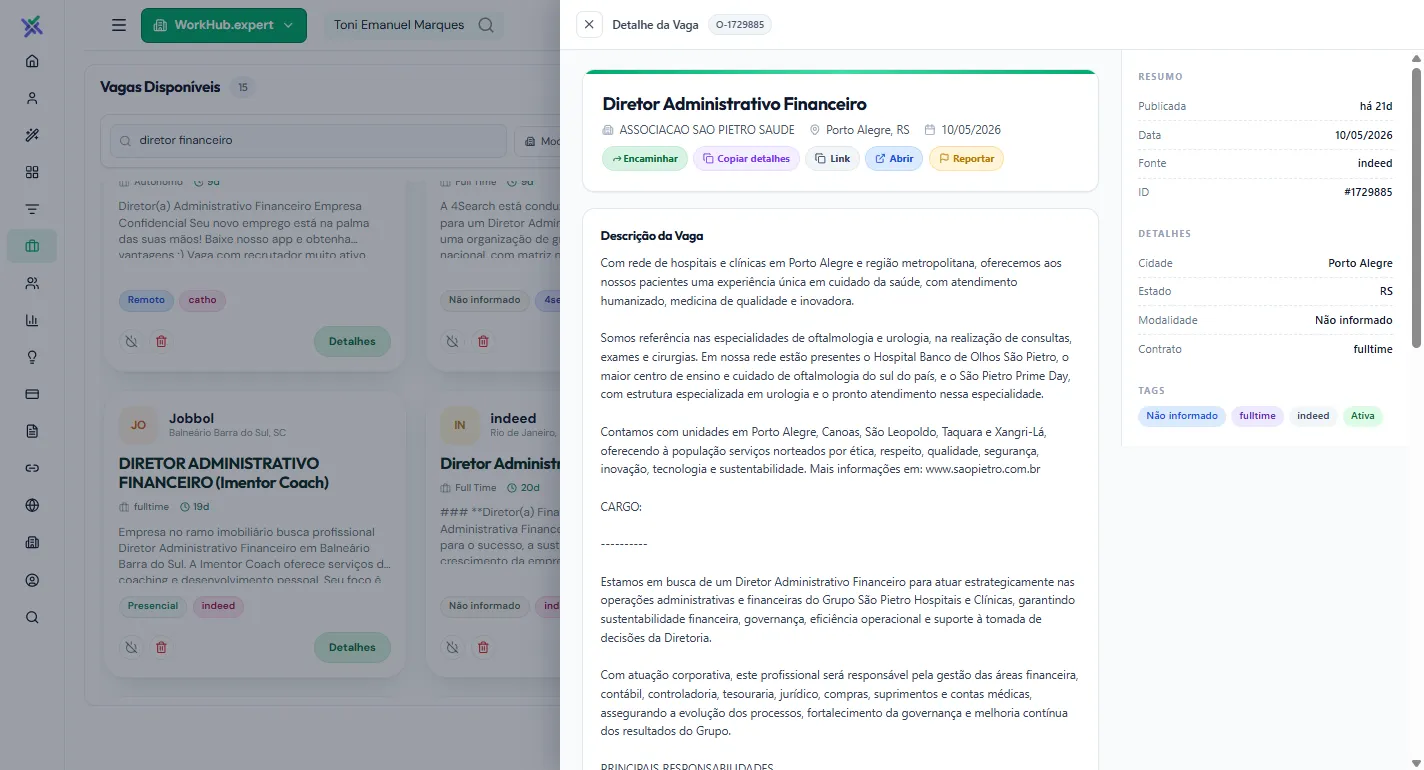 Tela de busca de vagas do WorkHub Expert com lista de oportunidades e os detalhes da vaga Diretor Comercial Internacional.