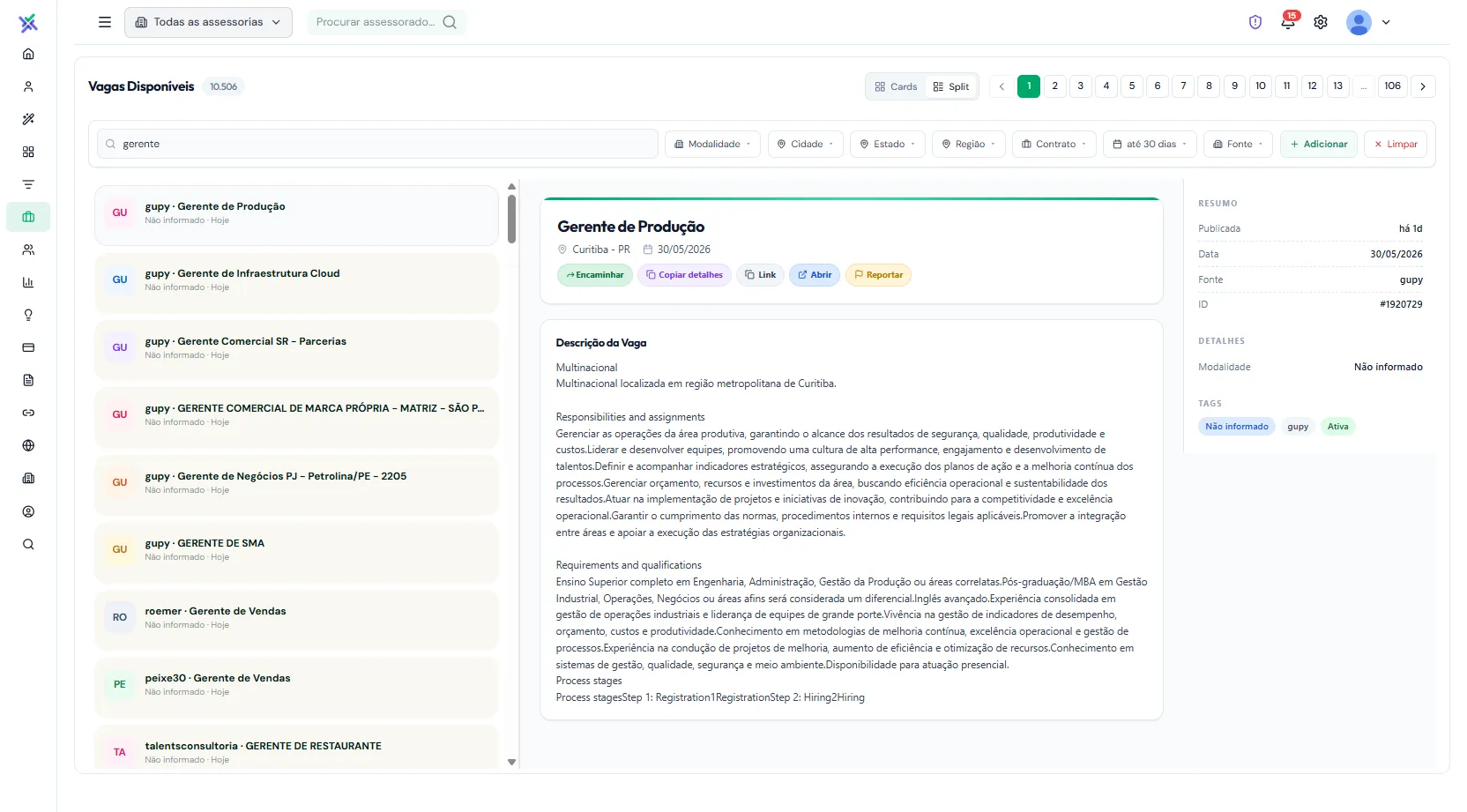 Busca de vagas em visão dividida no WorkHub Expert, com a vaga Gerente de Produção (Gupy, Curitiba) aberta e seus detalhes.