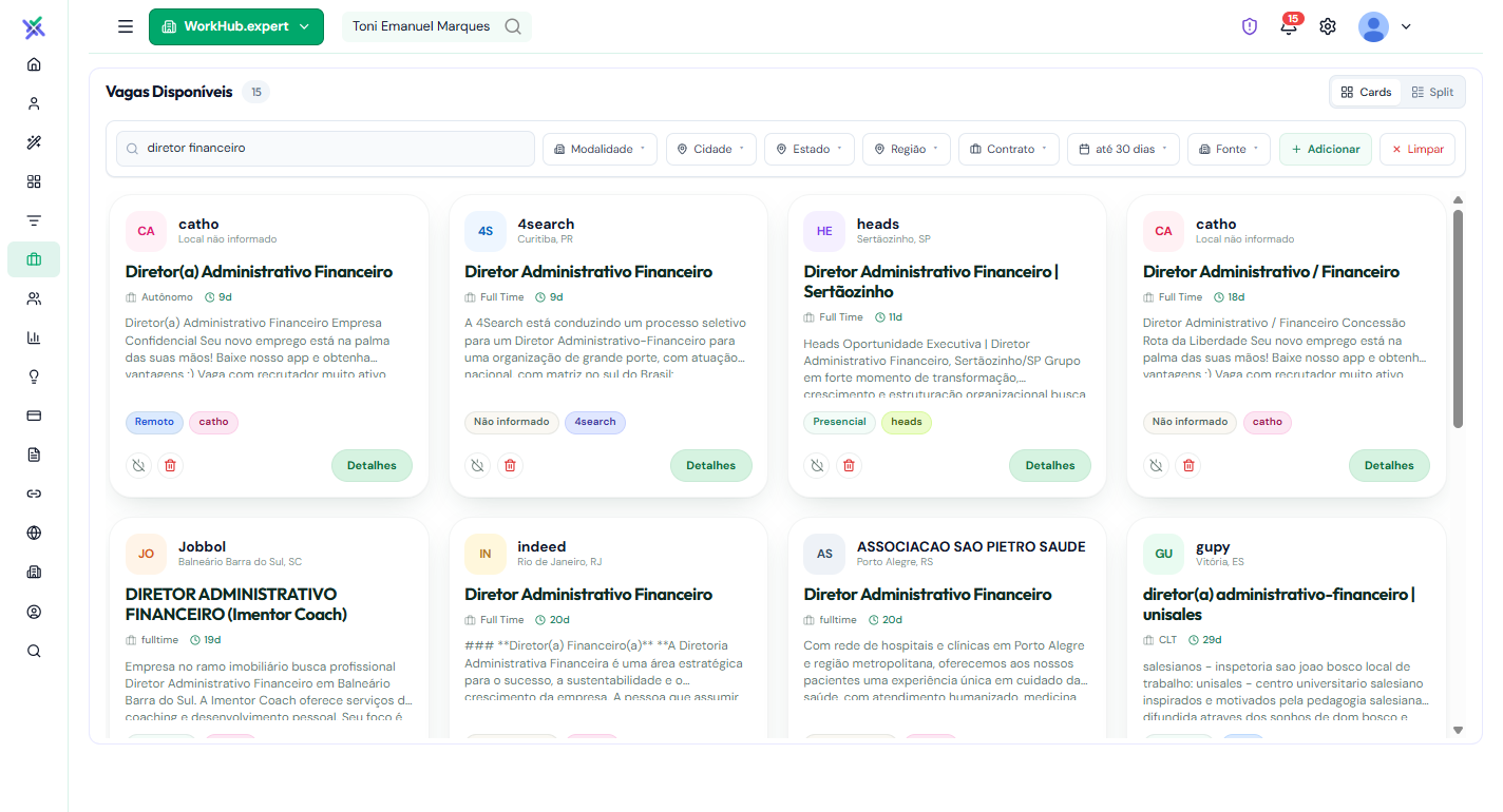 Painel de vagas do WorkHub Expert em grade, com cards de oportunidades para Diretor Comercial e filtro de busca aplicado.