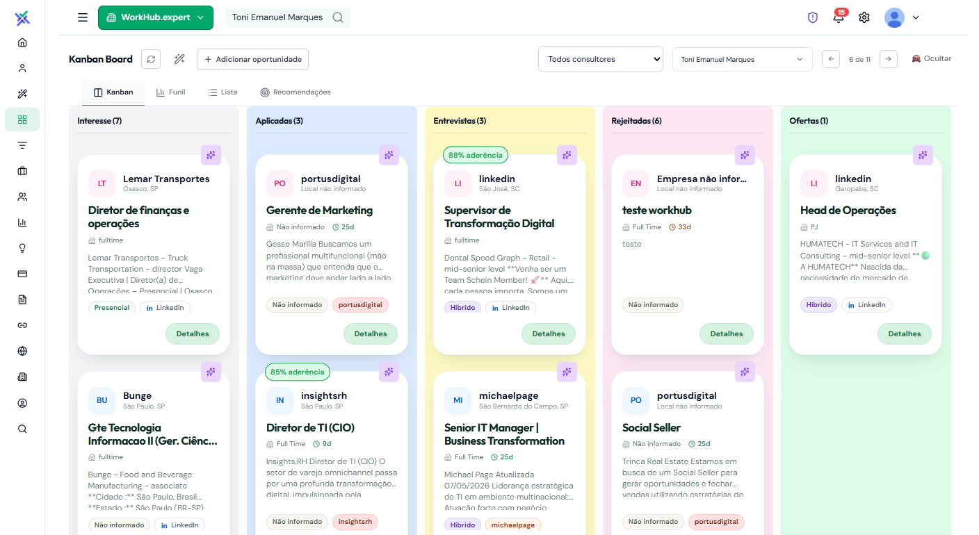 Quadro Kanban do WorkHub Expert para acompanhar as candidaturas por etapa do processo seletivo.