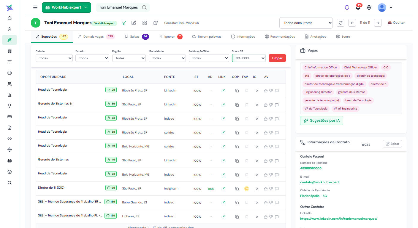 Match Maker do WorkHub Expert: vagas ranqueadas por aderência com IA em tabela, ao lado de uma nuvem de palavras de cargos.